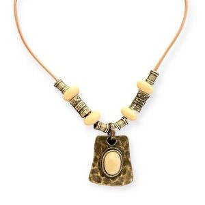Vintage Boho Artisan Hammered Gold Pendant Cord Necklace Ivory Stone